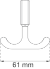 Illustration av en T-formad spak med rundade ändar och ett grepp upptill, mätt till 61 mm bredd.