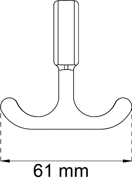 Illustration av en T-formad spak med rundade ändar och ett grepp upptill, mätt till 61 mm bredd.