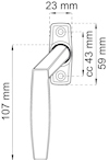 Illustration av ett dörrhandtag med måtten 107 mm, 59 mm, 43 mm och 23 mm markerade.