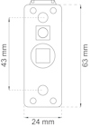 Ritning av rektangulär komponent med mått 63 mm x 24 mm. Tre cirkulära och en kvadratisk form visas.