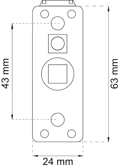 Ritning av rektangulär komponent med mått 63 mm x 24 mm. Tre cirkulära och en kvadratisk form visas.