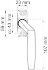 Fönsterhandtag med mått: 107 mm lång, 59 mm och 23 mm bred bas, cc 43 mm skruvhål.