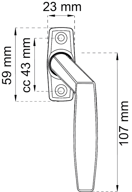 Fönsterhandtag med mått: 107 mm lång, 59 mm och 23 mm bred bas, cc 43 mm skruvhål.
