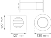 Ritning av ventilationsrör, fyrkantig front 127x127 mm, rund baksida 130 mm med gallermönster.