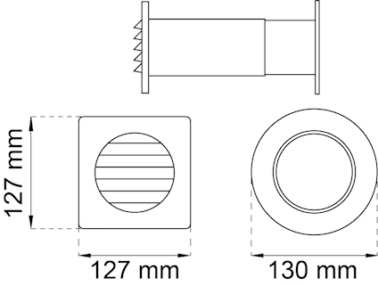 Ritning av ventilationsrör, fyrkantig front 127x127 mm, rund baksida 130 mm med gallermönster.