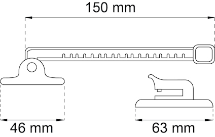 Linjeritning av ett föremål med mått: längd 150 mm, höjd 46 mm, bredd 63 mm.