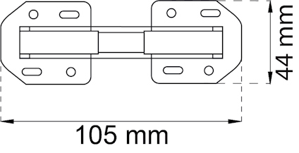 Ritning av gångjärn med mått: bredd 105 mm, höjd 44 mm.