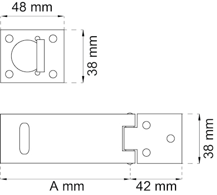 Ritning av metallfäste med mått: 48 mm x 38 mm, 42 mm, och A mm.