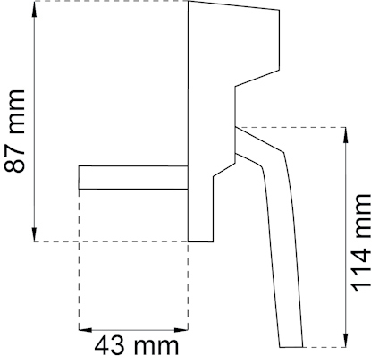 Linjeritning av en vattenkran med mått: Höjd 87 mm, 114 mm och bredd 43 mm.