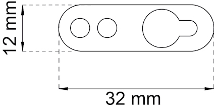 Ritning av ovalt dörrbleck med två hål och ett nyckelhål. Mått: 32 mm x 12 mm.