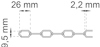 Linjeillustration av kedjemått: 26 mm längd, 9,5 mm höjd, 2,2 mm bredd.