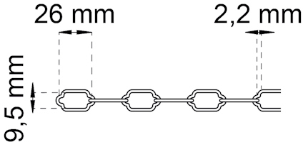Linjeillustration av kedjemått: 26 mm längd, 9,5 mm höjd, 2,2 mm bredd.