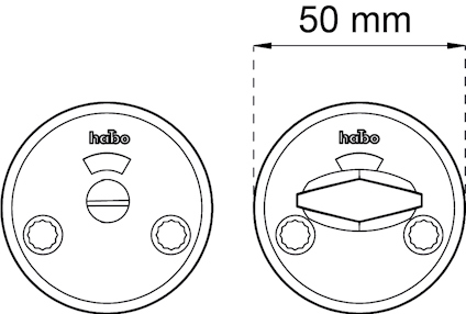 Ritning av runt dörrbeslag från Habo med mått 50 mm visat framifrån och i profil.