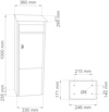 Vit postlåda med dimensioner: höjd 1000 mm, bredd 330 mm, djup 360 mm. Inklusive en sidovy av basplattan: 246 mm x 171 mm.