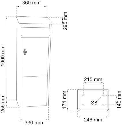 Stolpe i metall med måttangivelser: höjd 1000 mm, bredd 360 mm, djup 330 mm. Nedre fackhöjd 255 mm.