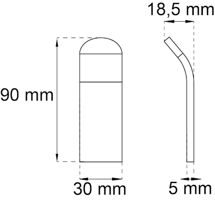Ritning av en rundad stolpe med måtten 90 mm höjd, 30 mm bredd, 18,5 mm lutning och 5 mm bas.
