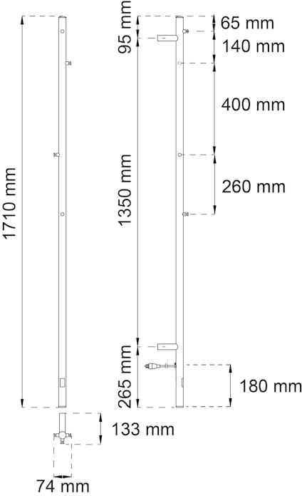 Ritning av en stång med mått: längd 1710 mm, bredd 95 mm, djup 74 mm, olika sektioner markerade med mått i mm.