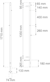 Ritning av metallprofil med mått: 1710 mm höjd, 74 mm bredd, med olika avstånd och sektioner markerade i millimeter.