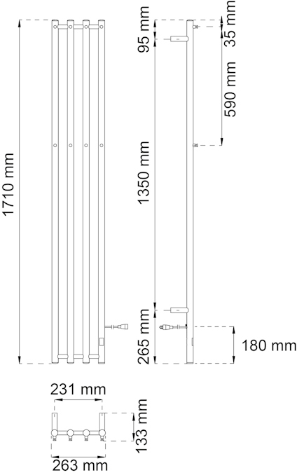 Diagram med mått på en vertikal radiator. Höjd: 1710 mm, bredd: 263 mm, djup: 95 mm.