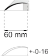 Ritning av en böjd avfasning med måttet 60 mm och toleransen +0-16 under den böjda linjen.