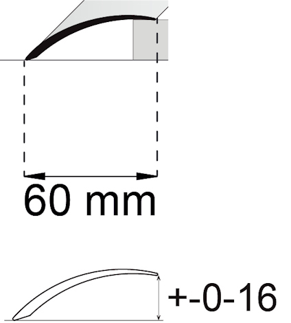Ritning av en böjd avfasning med måttet 60 mm och toleransen +0-16 under den böjda linjen.