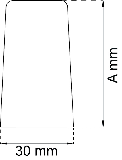 Illustration av en trattformad objekt med basens bredd 30 mm angiven. Höjden är markerad med bokstaven "A".