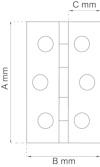 Ritning av gångjärn med mått: A mm, B mm, C mm. Fyra cirkulära hål synliga.