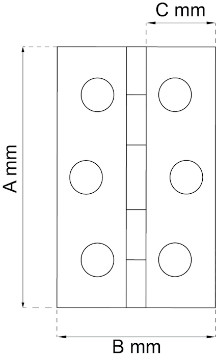 Ritning av gångjärn med mått: A mm, B mm, C mm. Fyra cirkulära hål synliga.