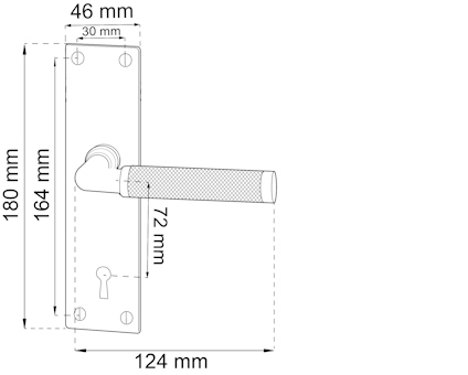 Ritning av dörrhandtag med mått: plåt 180x46 mm, handtag 124 mm, avstånd från plåtens topp till nyckelhål 72 mm.