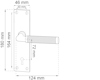 Diagram av en dörrhandtagssats med mått: 46 mm bredd, 180 mm höjd, handtagslängd 124 mm.