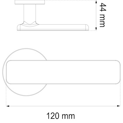Ritning av dörrhandtag med en längd på 120 mm och en bredd på 44 mm.