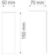 En teknisk ritning av en vinkelprofil med måtten 50 mm x 150 mm x 70 mm.