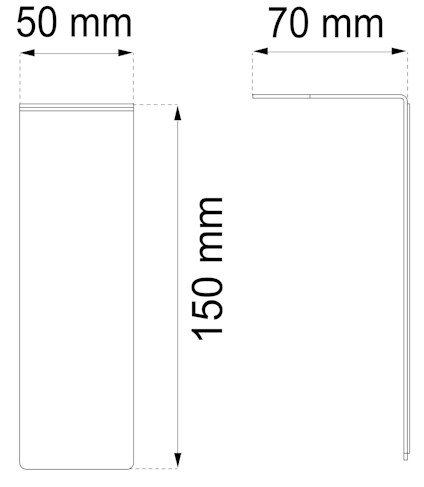 En teknisk ritning av en vinkelprofil med måtten 50 mm x 150 mm x 70 mm.