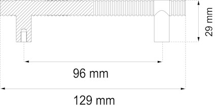 Tvärsnitt av en komponent med måtten 129 mm på längden och 29 mm på höjden. En sektion är markerad med 96 mm.