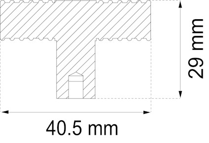 Tvärsnitt av en konstruktion med måtten 40,5 mm bredd och 29 mm höjd, inklusive en mittpelare.