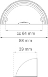 Halvcirkelformad ritning med måtten cc 64 mm, bredd 88 mm, och höjd 39 mm.
