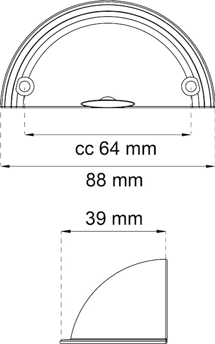 Halvcirkelformad ritning med måtten cc 64 mm, bredd 88 mm, och höjd 39 mm.
