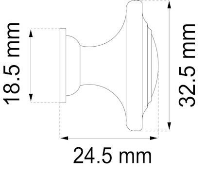 Ritning av en dörrknopp med måtten 18,5 mm, 24,5 mm och 32,5 mm markerade.