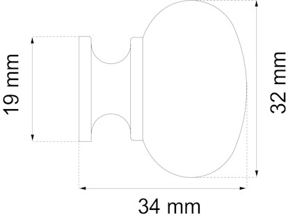 Ritning av dörrknopp med måtten 19 mm, 32 mm, och 34 mm markerade.
