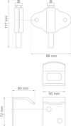 Ritning av komponenter med mått: 117 mm, 99 mm, 60 mm, 50 mm, 72 mm.