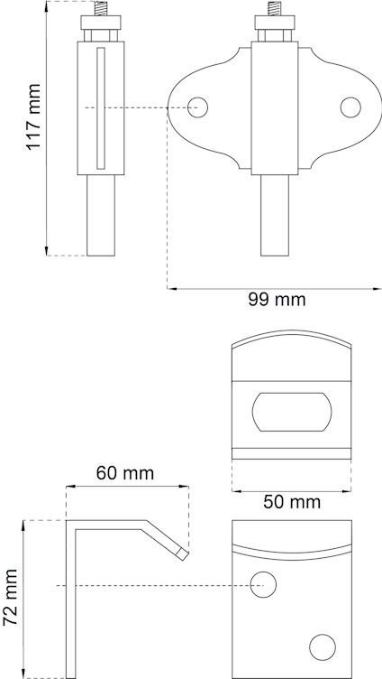 Ritning av komponenter med mått: 117 mm, 99 mm, 60 mm, 50 mm, 72 mm.