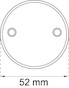 En cirkel med två små cirklar inuti och en nedre markering med texten "52 mm".