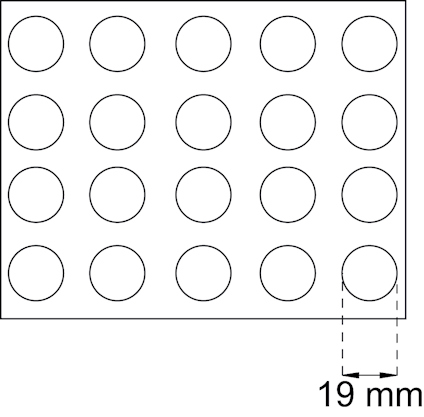 Ett rutmönster med cirklar, en mätlinje visar 19 mm mellan cirklarna i en rektangulär matris.