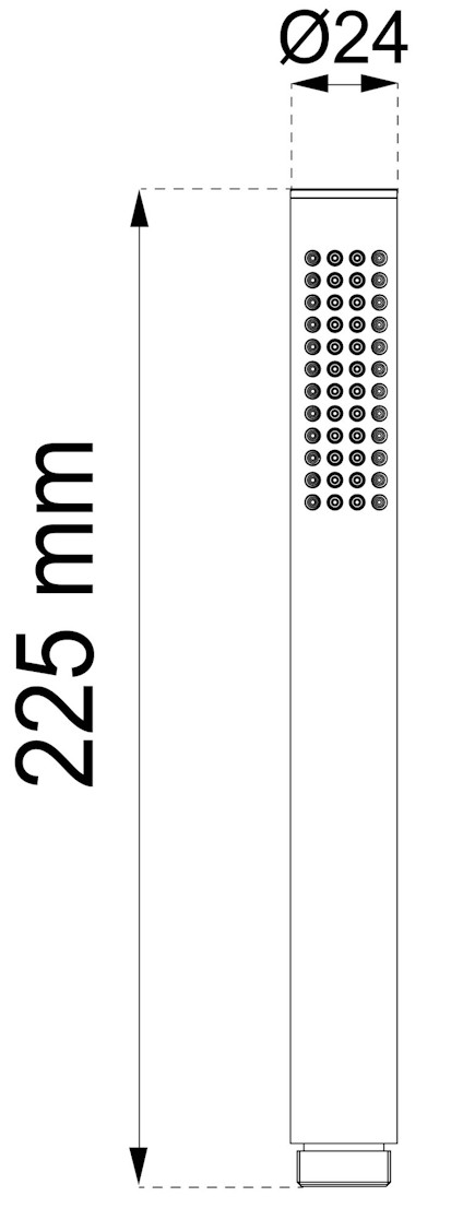 Diagram av en duschhandtag med dimensionerna 225 mm längd och 24 mm diameter, prickmönster på toppen.