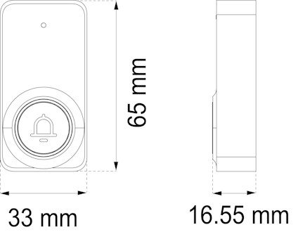 Diagram över en elektronisk dörrklocka med mått: höjd 65 mm, bredd 33 mm, djup 16,55 mm.