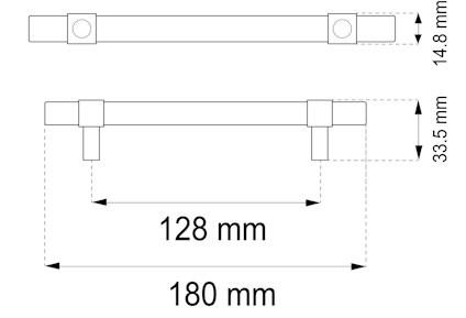 Ritning av ett handtag med måtten 180 mm i längd och 33,5 mm i höjd. Monteringsmått är 128 mm.