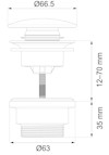 Teknisk ritning av avloppsventil med mått: diameter 66,5 mm, höjd mellan 12-70 mm, och botten diameter 63 mm.