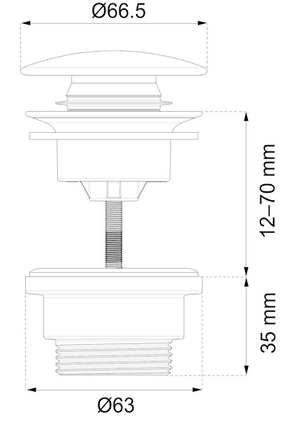 Teknisk ritning av avloppsventil med mått: diameter 66,5 mm, höjd mellan 12-70 mm, och botten diameter 63 mm.