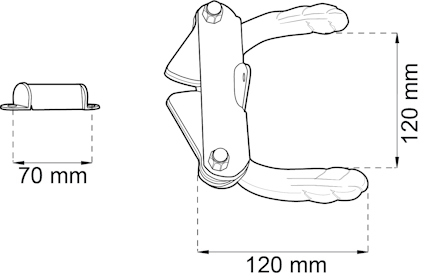 Ritning av handtag med måtten 120 mm och 70 mm, två handtag och en del med två skruvar.