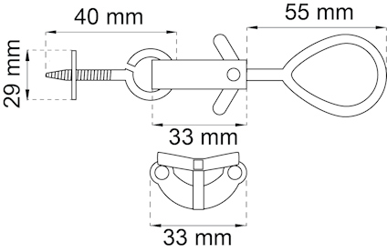 Illustration av ett metallfäste med skruv. Mått: 29 mm hög, 40 mm och 55 mm breda delar, 33 mm bas.